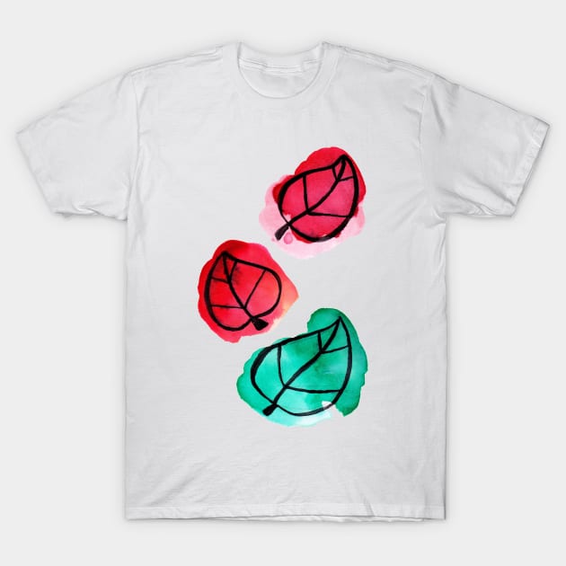 Red and Green Leaves Watercolor T-Shirt by saradaboru